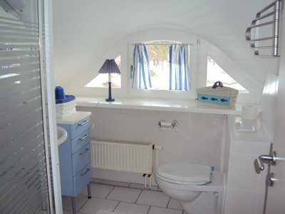Das kleine aber helle Bad des Appartments des Darsser Teekaten. Neben der Dusche ist das Waschbecken und die kleine Kommode.