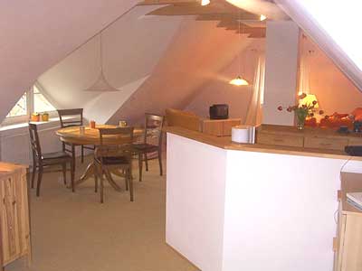 Blick in die Studiowohnung: Essecke und K&uuml;chenbereich, im Hintergrund der Wohnbereich mit Sofa und TV